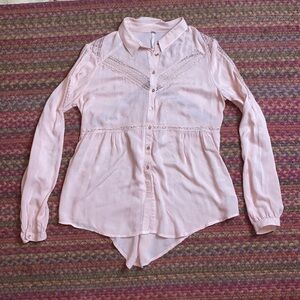 FREE PEOPLE PINK LACE BUTTON DOWN BLOUSE